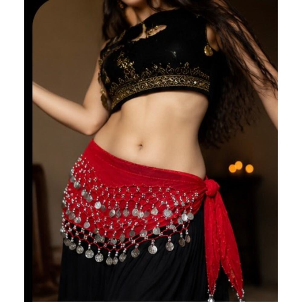 Red Belly Dance Hip Scarf Coin Wrap Sheer Chiffon Silver Tone Coins Used - Picture 3 of 16